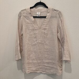 Sigrid Olsen 100% Linen Beige Vneck Tunic Top Sz S Beachy Lagenlook Side Buttons